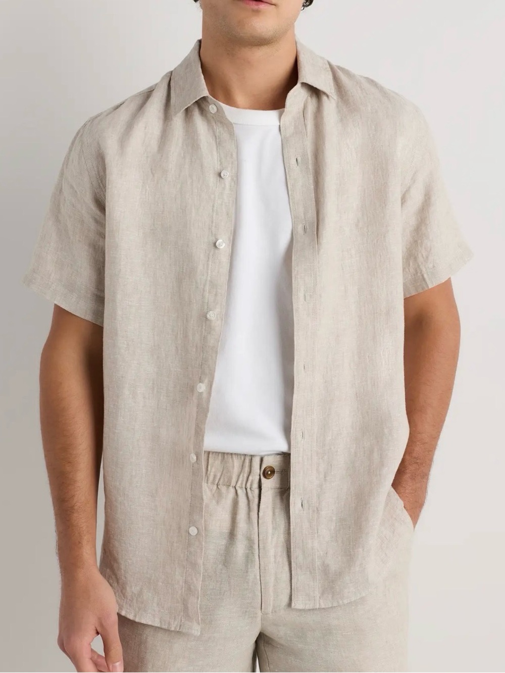*NEW* Sz L*Mens*Quince* Beige Short-Sleeve Linen Button-Down Shirt